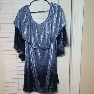 Velvet Blue Soft Dress With Bell Sleeves Winter Bohemian Whimsigoth Womens XXL